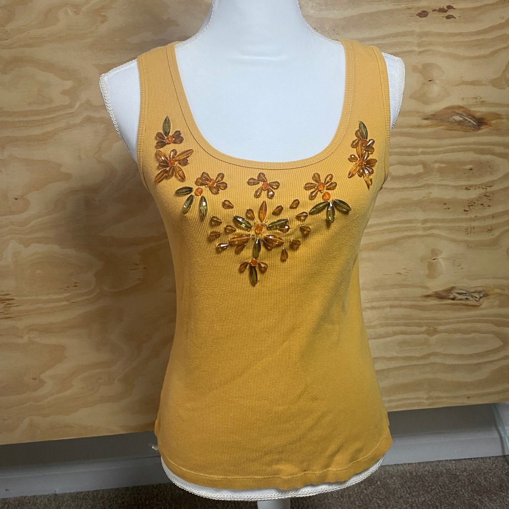 Y2K Ashley Stewart 1X Gold Ribbed Tank Top Beaded Embroidery Sleeveless Blouse